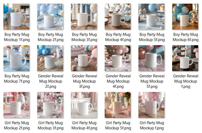 Baby Shower-Gender Reveal-Baby Announcement Mockup Bundle – 17 High Quality PNG Files | White Mug, Party Background, 2000x2000 px