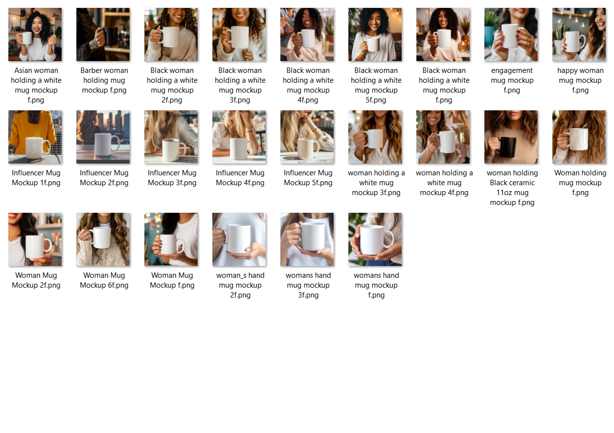 Woman Mockup Bundle – 24 High Quality PNG Files | White and Black Mug, Home Background, 2000x2000 px