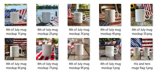 4th of July mug Mockup Bundle – 10 High Quality PNG Files | White Mug, Flag Background, 2000x2000 px
