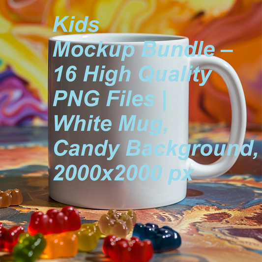 Kids Mockup Bundle – 16 High Quality PNG Files | White Mug, Candy Background, 2000x2000 px