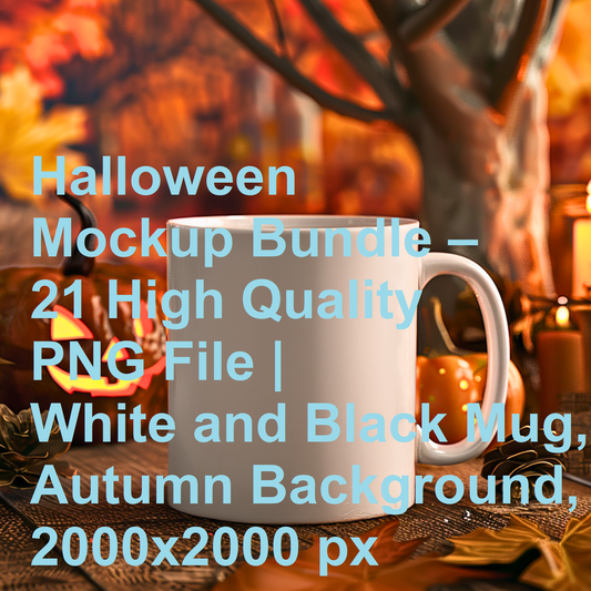 Halloween Mockup Bundle – 21 High Quality PNG File | White and Black Mug, Autumn Background, 2000x2000 px