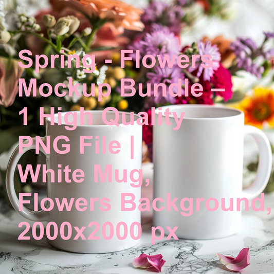 Spring - Flowers Mockup Bundle – 1 High Quality PNG File | White Mug, Flowers Background, 2000x2000 px
