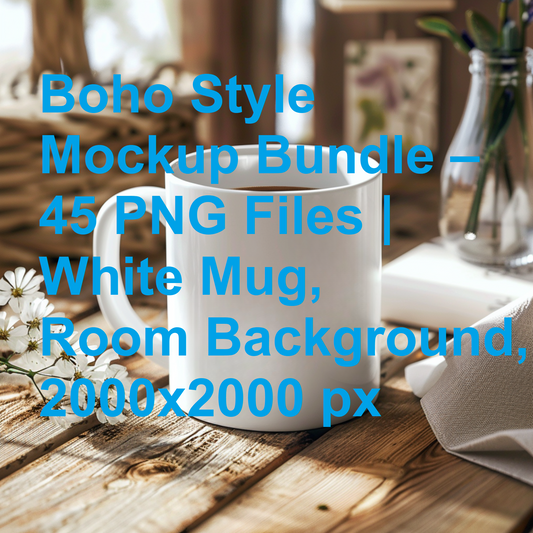 Boho Style Mockup Bundle – 45 High Quality PNG Files | White Mug, Room Background, 2000x2000 px