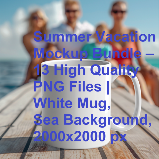 Summer Vacation Mockup Bundle – 13 High Quality PNG Files | White Mug, Sea Background, 2000x2000 px