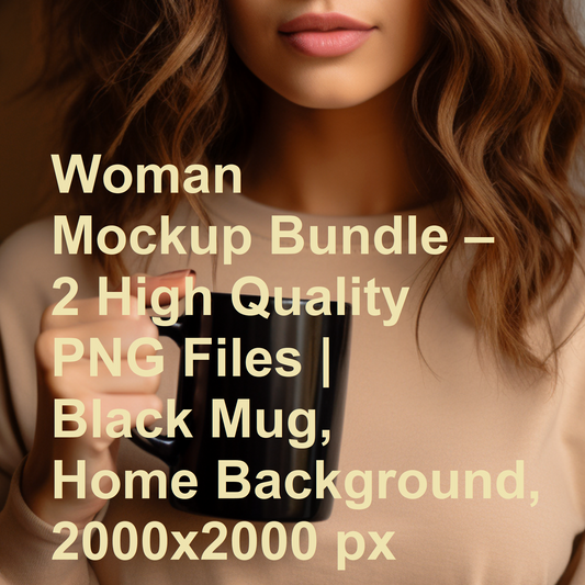 Woman Mockup Bundle – 2 High Quality PNG Files | Black Mug, Home Background, 2000x2000 px