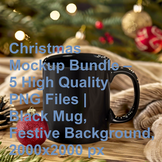 Christmas Mockup Bundle – 5 High Quality PNG Files | Black Mug, Festive Background, 2000x2000 px