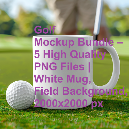 Golf Mockup Bundle – 5 High Quality PNG Files | White Mug, Field Background, 2000x2000 px