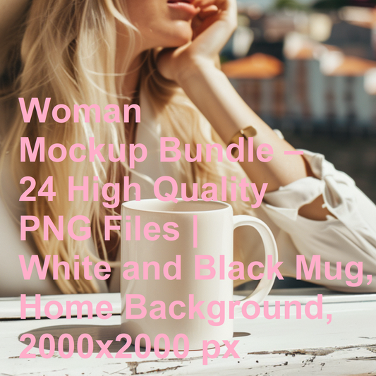 Woman Mockup Bundle – 24 High Quality PNG Files | White and Black Mug, Home Background, 2000x2000 px