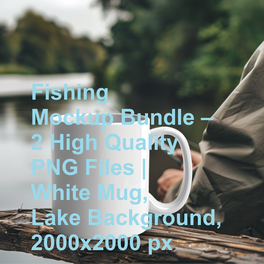 Fishing Mockup Bundle – 2 High Quality PNG Files | White Mug, Lake Background, 2000x2000 px