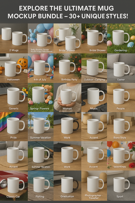 Ultimate Mug Mockup Mega Bundle – 500+ High Quality PNGs | Lifestyle, Pride, Gamer, Sport & More